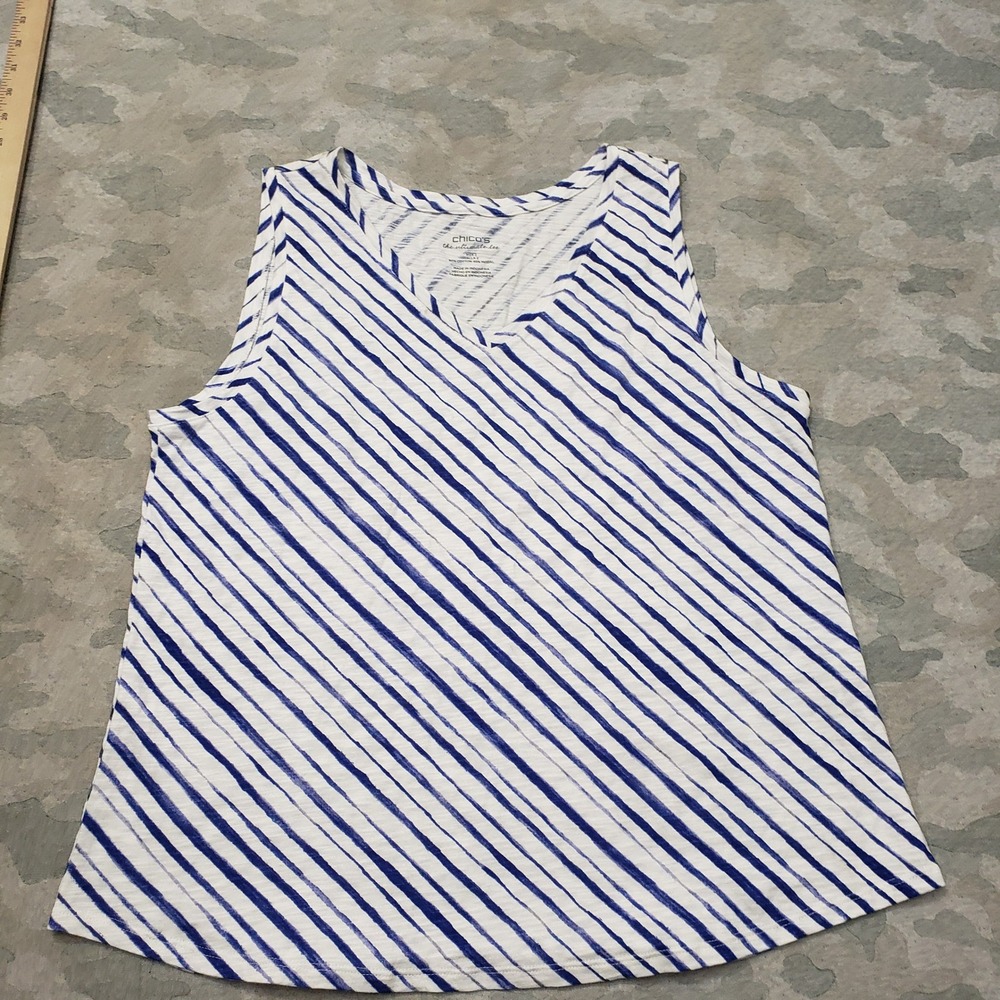 Chico's Tank Top Women Size 2 Blue Diagonal Stripe V-Neck Sleeveless
